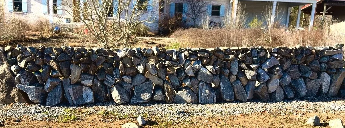 A stone wall made of large, irregularly shaped dark stones, with some lighter stones, in front of a garden with leafless trees and a multi-story building in the background.