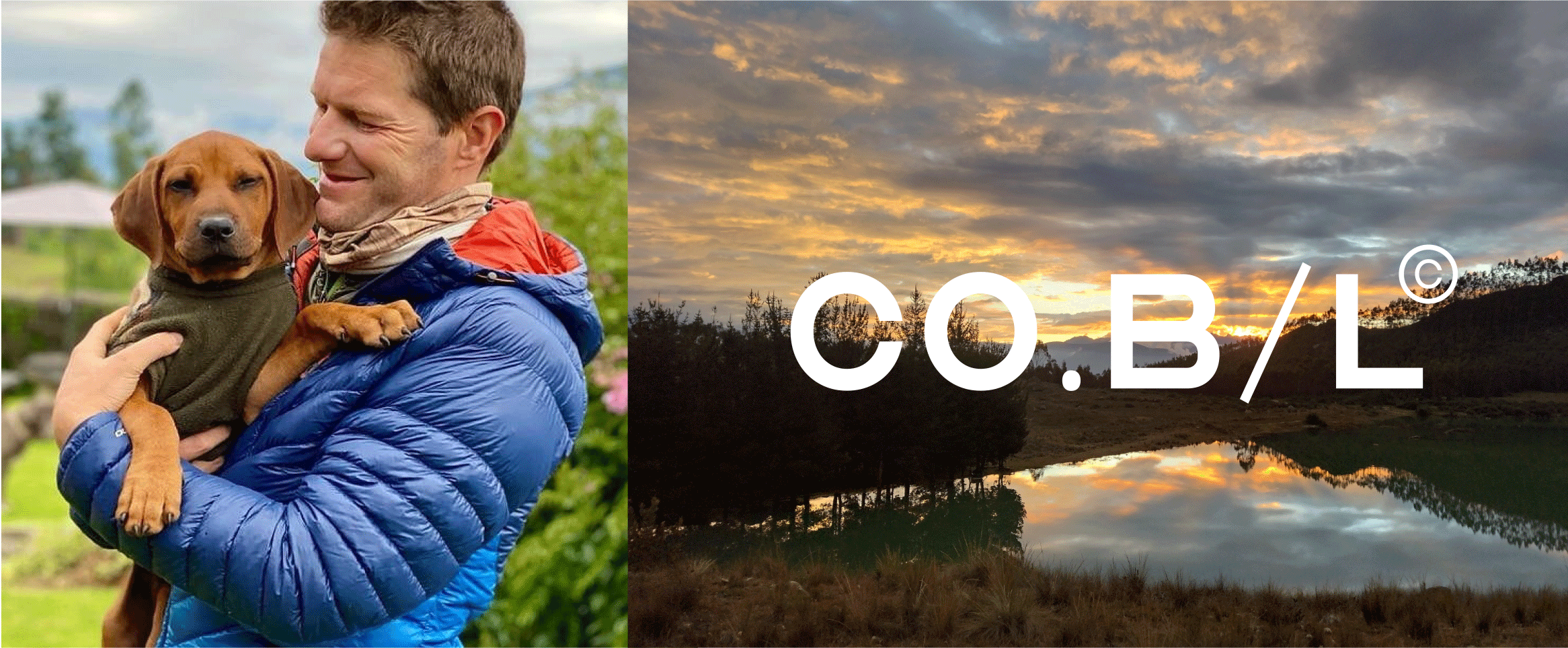 Hombre sonriente sosteniendo un perro de color marrón, en un entorno al aire libre con vegetación. Santiago de un atardecer reflejado en un lago con montañas en el fondo y texto corporativo de C.O.B.L en la escena.