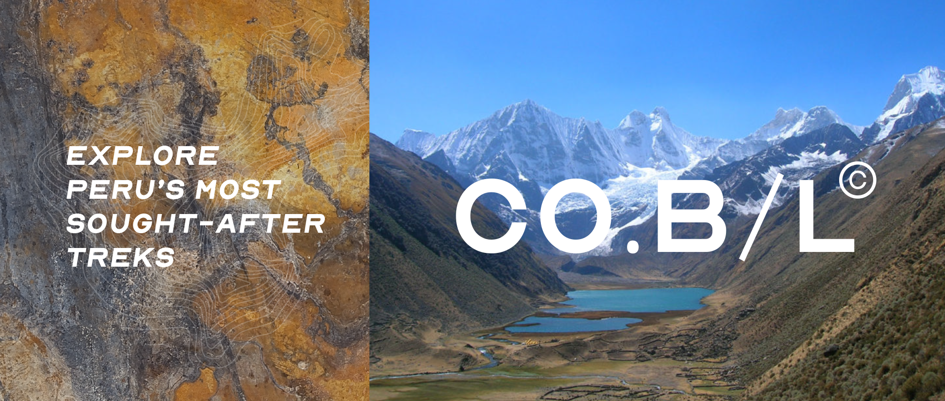 Paisaje montañoso con picos nevados y un lago en el valle, con texto en inglés que dice "Explora las caminatas más buscadas de Perú" y el logotipo de CO.B.L.