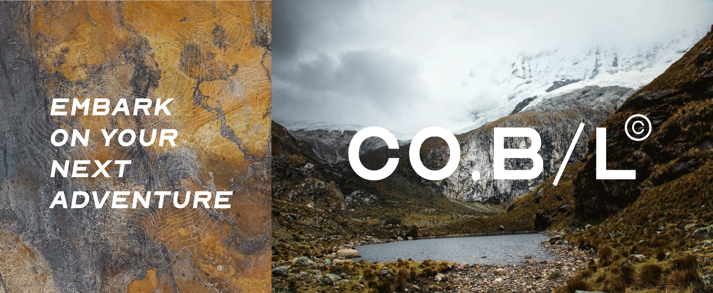 Imagen dividida en dos partes, a la izquierda un mapa con tonalidades tierra y líneas de contorno, a la derecha un paisaje de montañas con nieve, río y nubes.