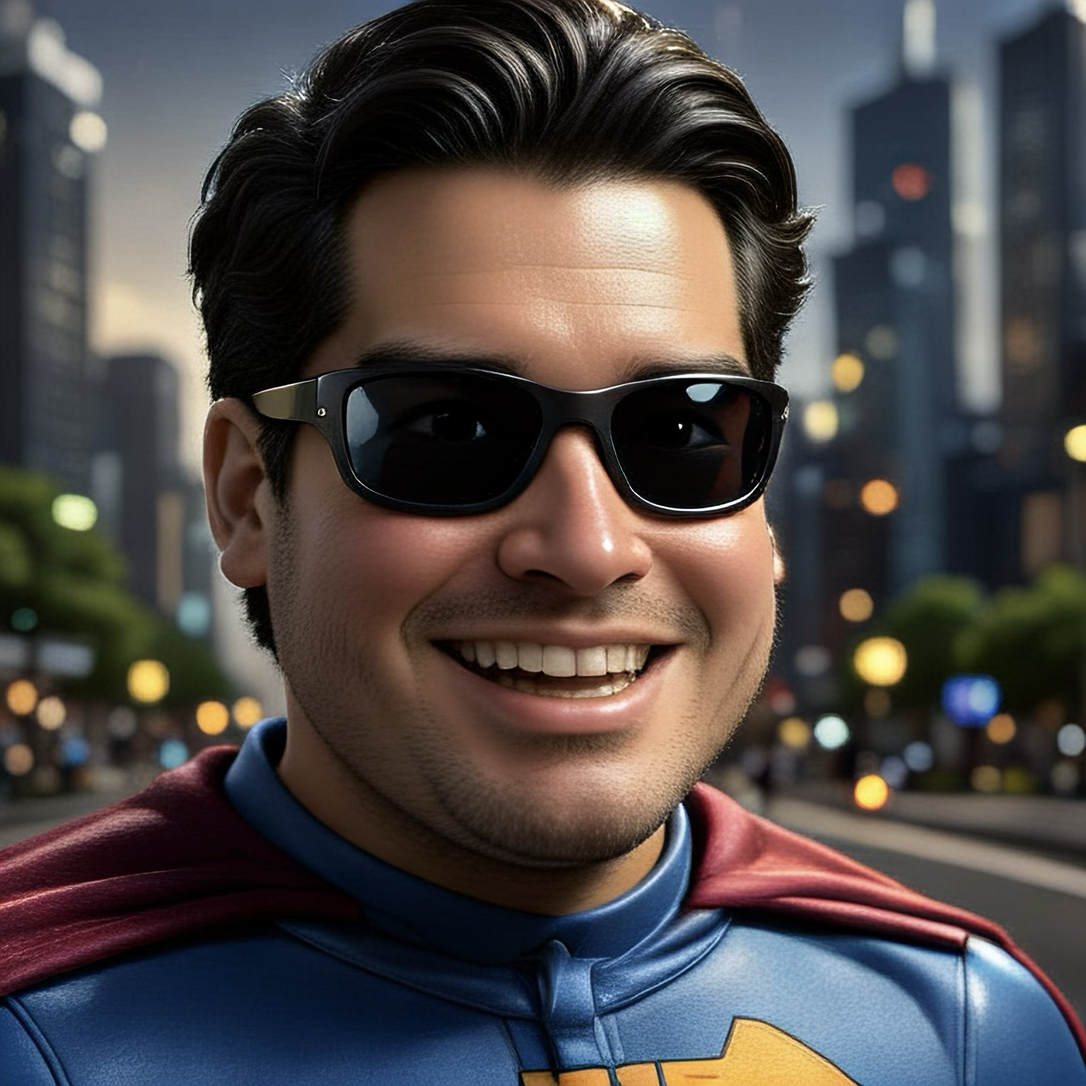 Close-up of a man dressed as Superman, smiling, wearing black sunglasses, with city buildings in the background.