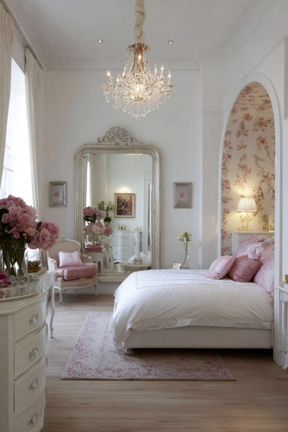 Blush and cream bedroom with chandelier and vintage-inspired furnishings.