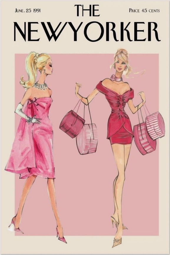 Vintage New Yorker fashion illustration in shades of pink.