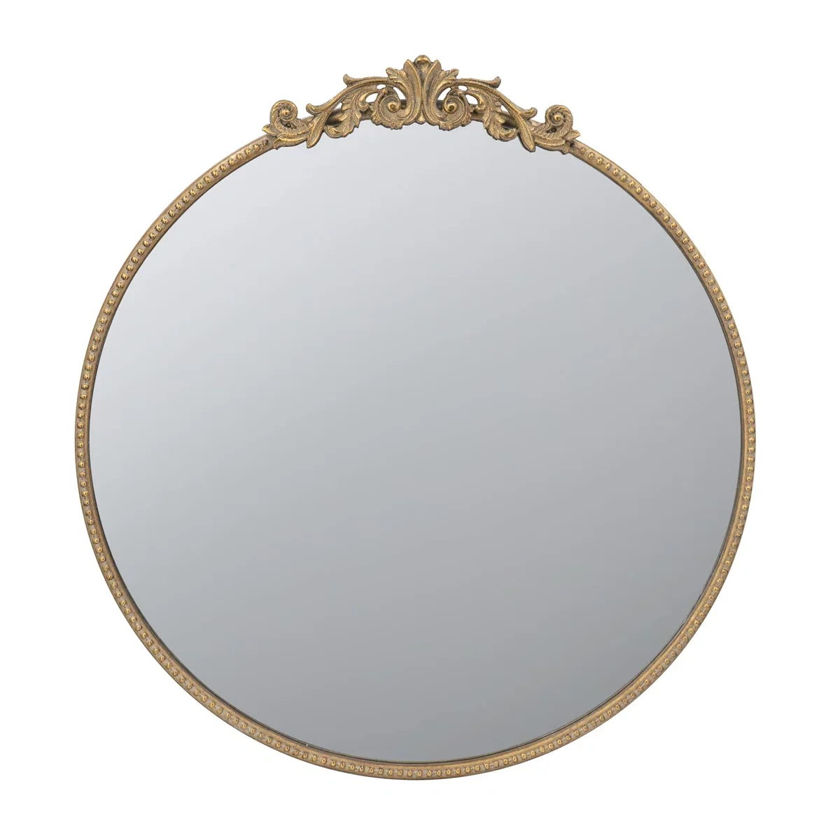 Round gold-framed mirror with decorative detailing selected for the La Petite bedroom.