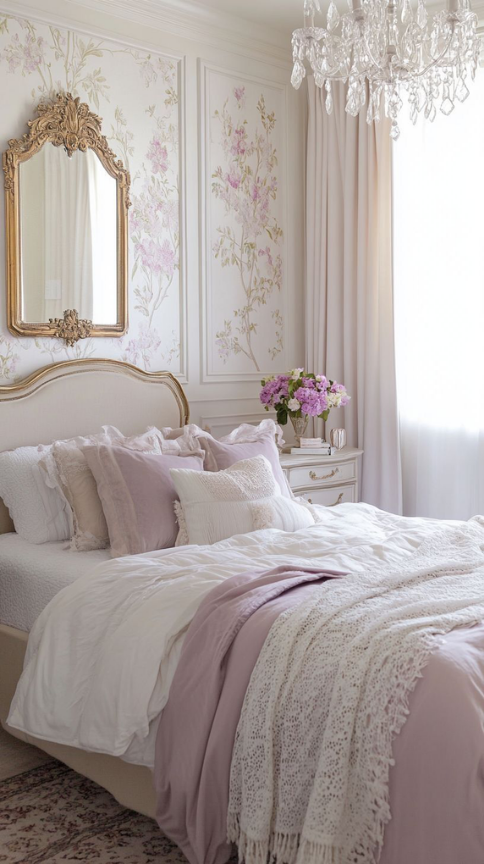 Soft blush and cream bedroom with layered bedding and ornate vintage-inspired details.