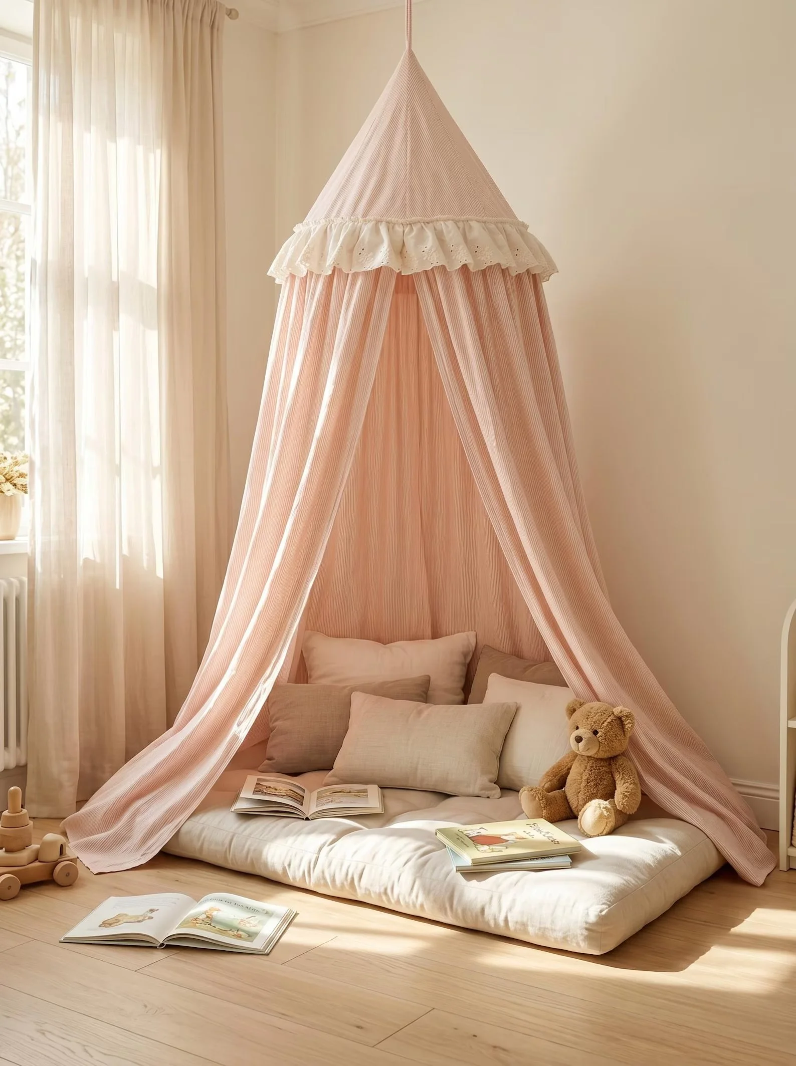 Blush pink fabric bed canopy selected for the La Petite children’s bedroom.