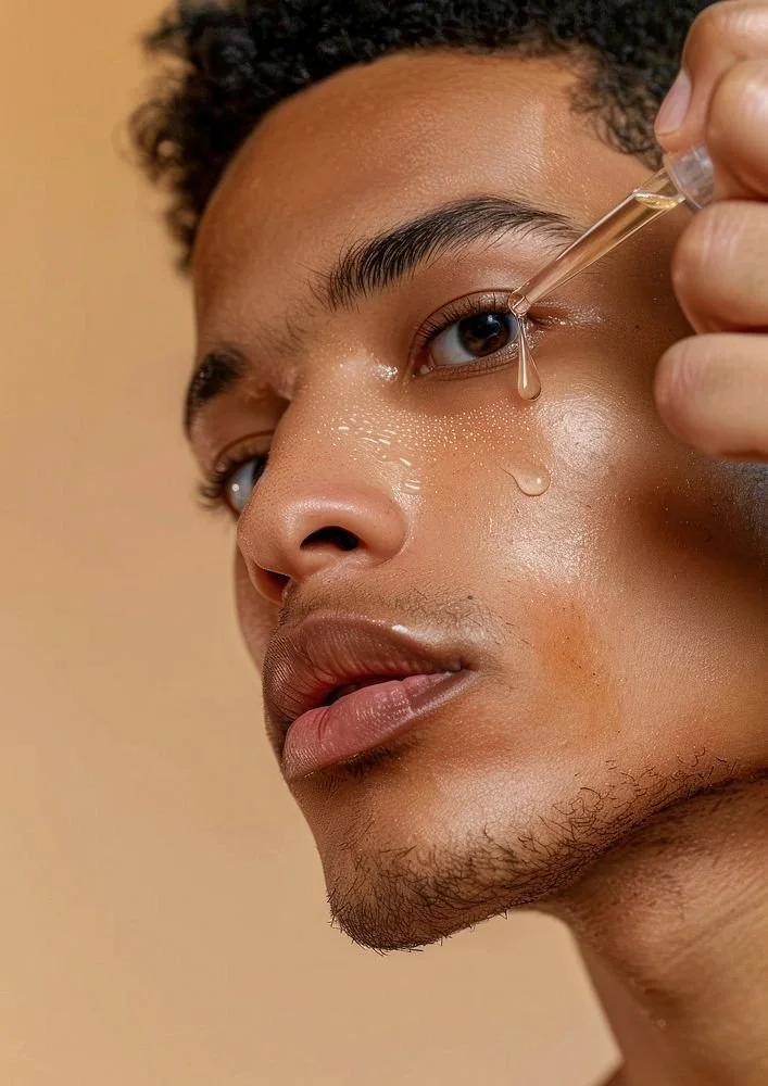 A person with curly hair and smooth skin is applying skincare serum with a dropper to their face, focusing on the under-eye area.