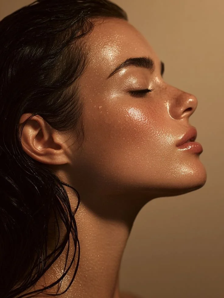 Close-up of a woman with wet skin, eyes closed, displaying a serene expression.