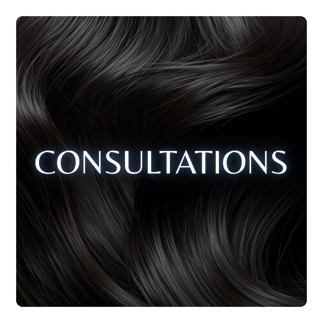 Close-up of dark, glossy hair with the word 'Consultations' in glowing white text over it.