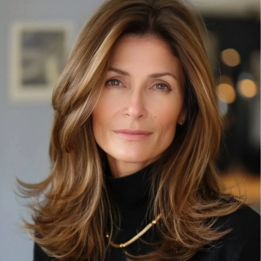 A woman with shoulder-length brown hair styled in loose waves, wearing a black turtleneck and a gold necklace, looking directly at the camera with a neutral expression. The background is blurry with warm lights.