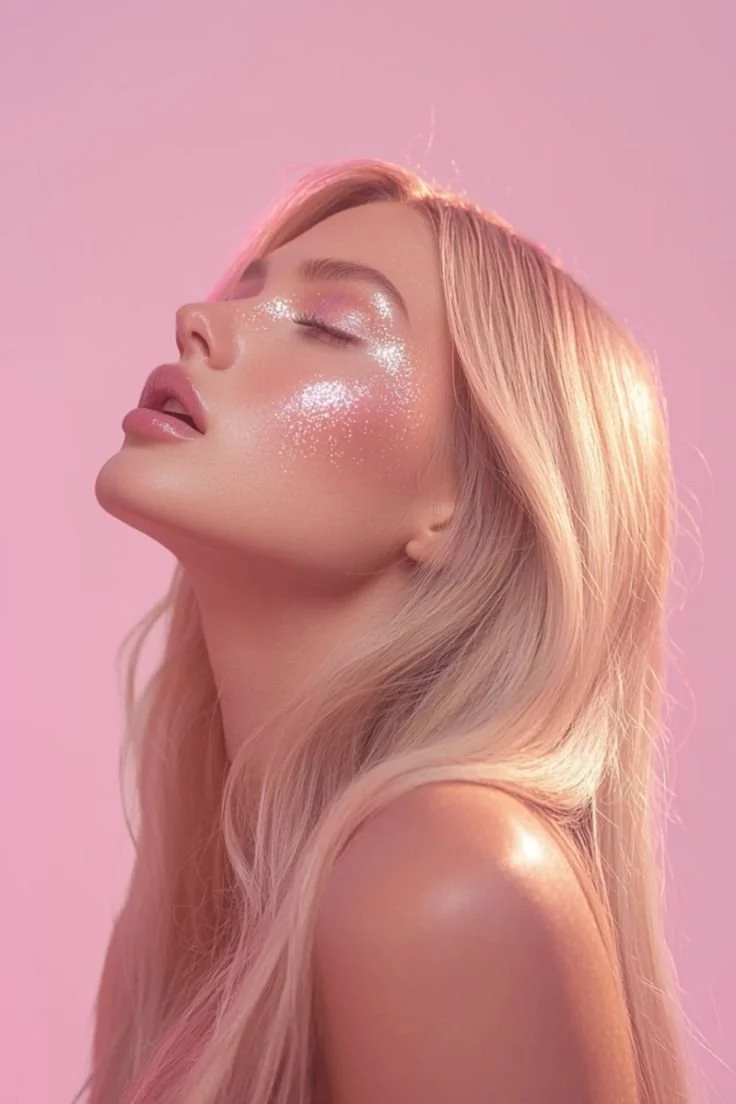 A woman with long, wavy blonde hair and sparkly makeup against a pink background, with her eyes closed and head tilted back.