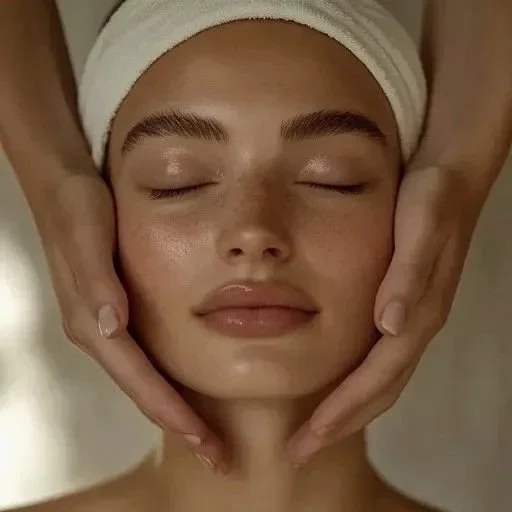 A woman lying down with eyes closed, receiving a facial massage, wearing a white headband.