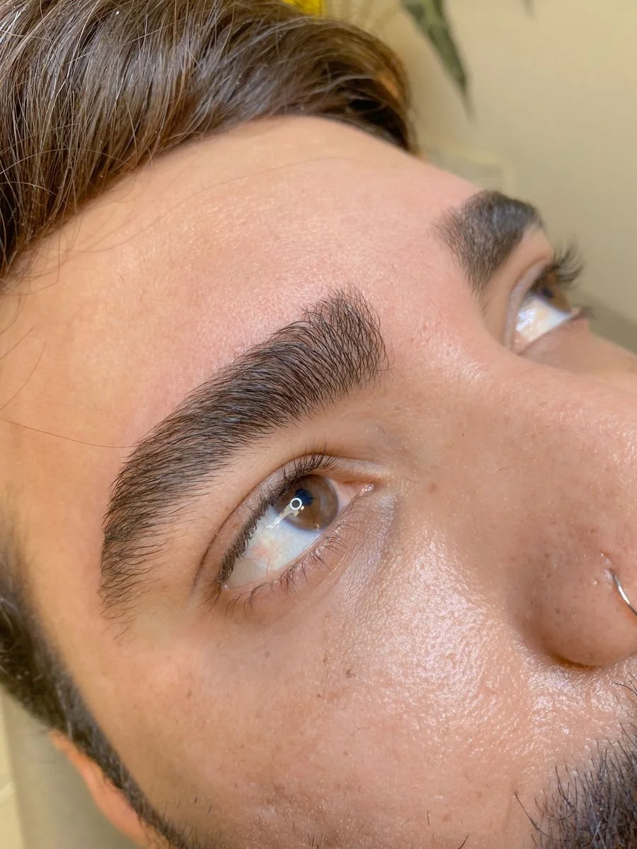 Close-up of a person's face showing natural eyebrows and brown eyes, with a focus on the eyebrows' well-groomed appearance.