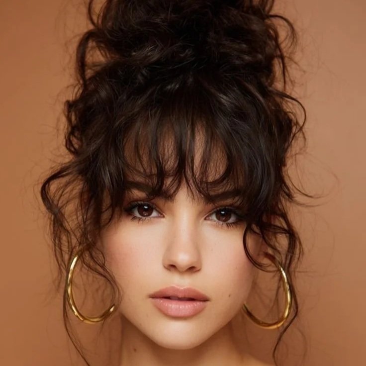 Close-up portrait of a woman with dark, curly hair styled in a messy updo, wearing large gold hoop earrings and natural makeup, against a beige background.