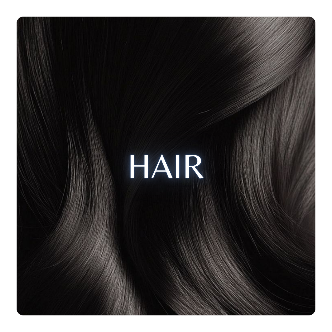 Close-up image of smooth, shiny, dark hair with the word 'HAIR' in the center.