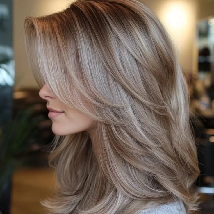 Side view of a woman with long, layered, blonde hair styled in soft waves.