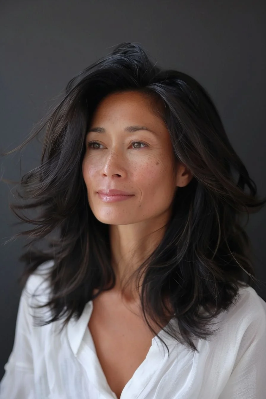 A woman with shoulder-length black hair and light skin, looking slightly to the right with a gentle smile, wearing a light-colored top against a dark background.