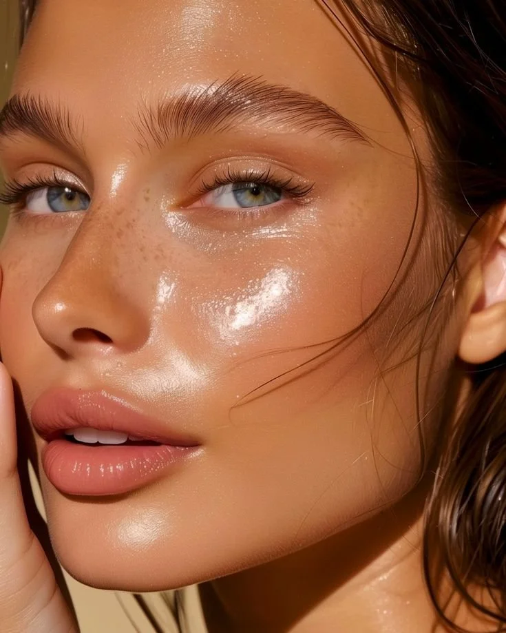Close-up of a woman's face showing her blue eyes, full lips, and glowing skin with light makeup and natural freckles.