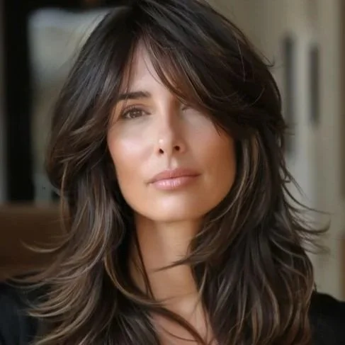 A woman with long, wavy brown hair and light skin makeup, looking at the camera with a neutral expression.
