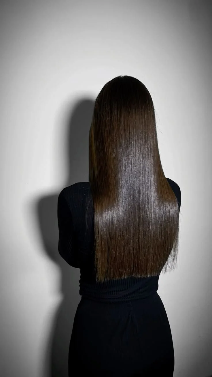 Back of a woman with long, straight, brown hair standing against a plain wall.