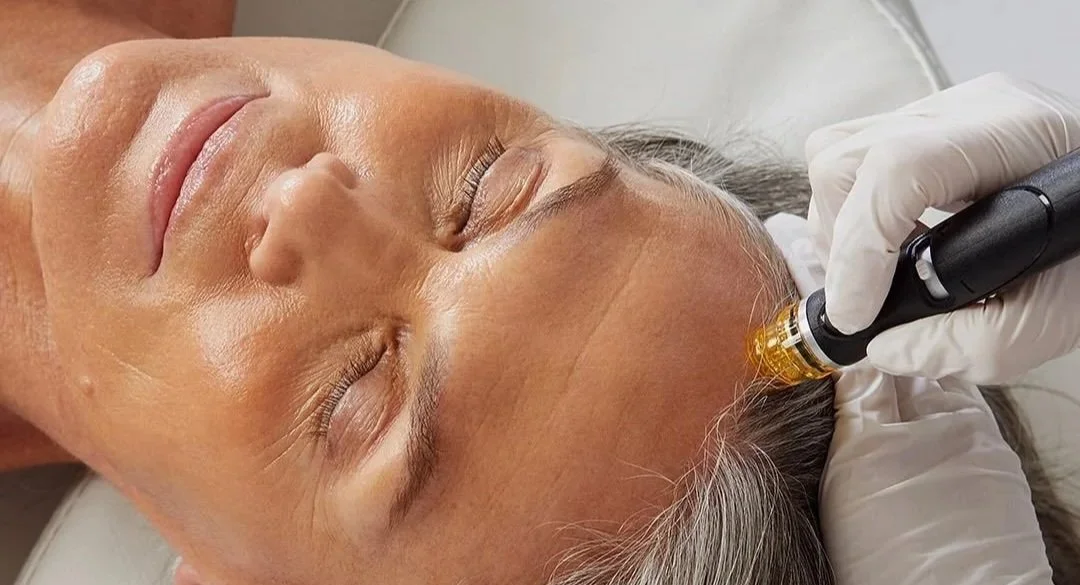 A woman receives a cosmetic facial treatment with a handheld device on her forehead in a beauty clinic.