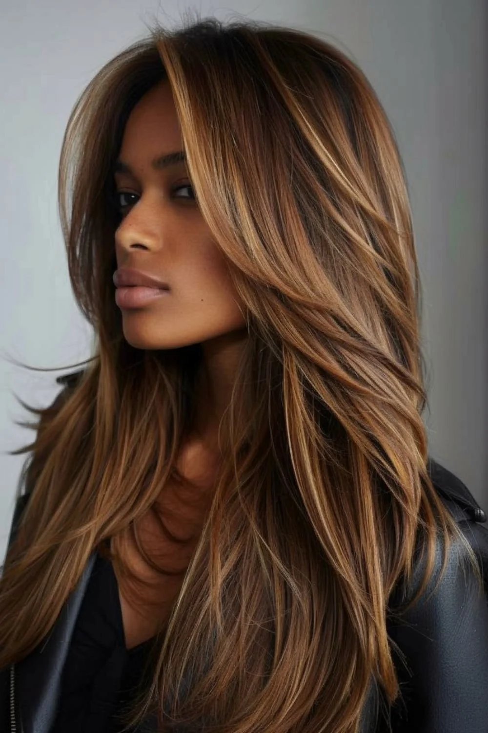 Close-up of a woman with long, layered, caramel-colored hair with highlights, looking over her shoulder.