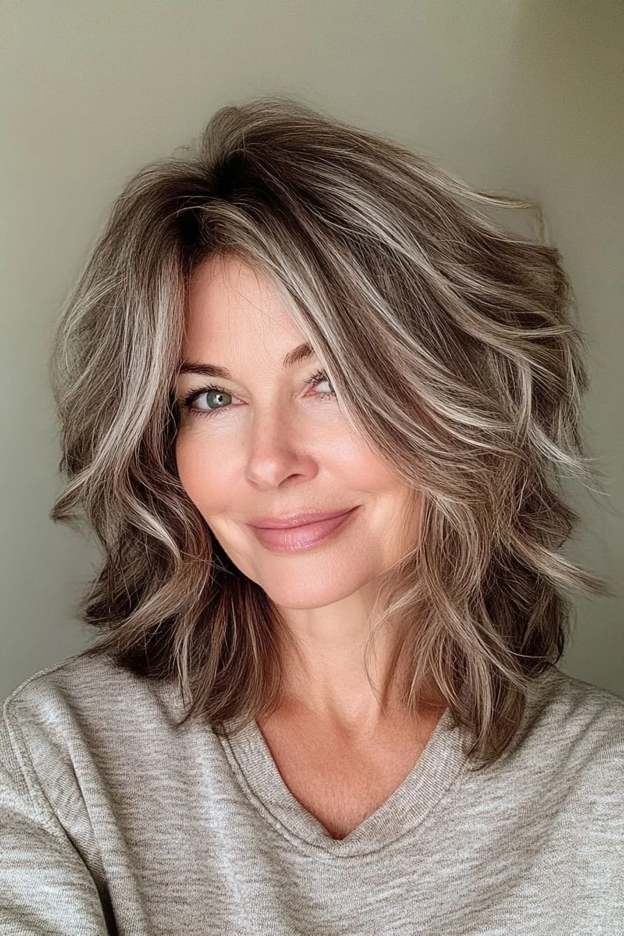 A woman with shoulder-length, wavy, ash-blonde hair smiling at the camera. She wears a neutral-colored top and has a light, natural makeup look.