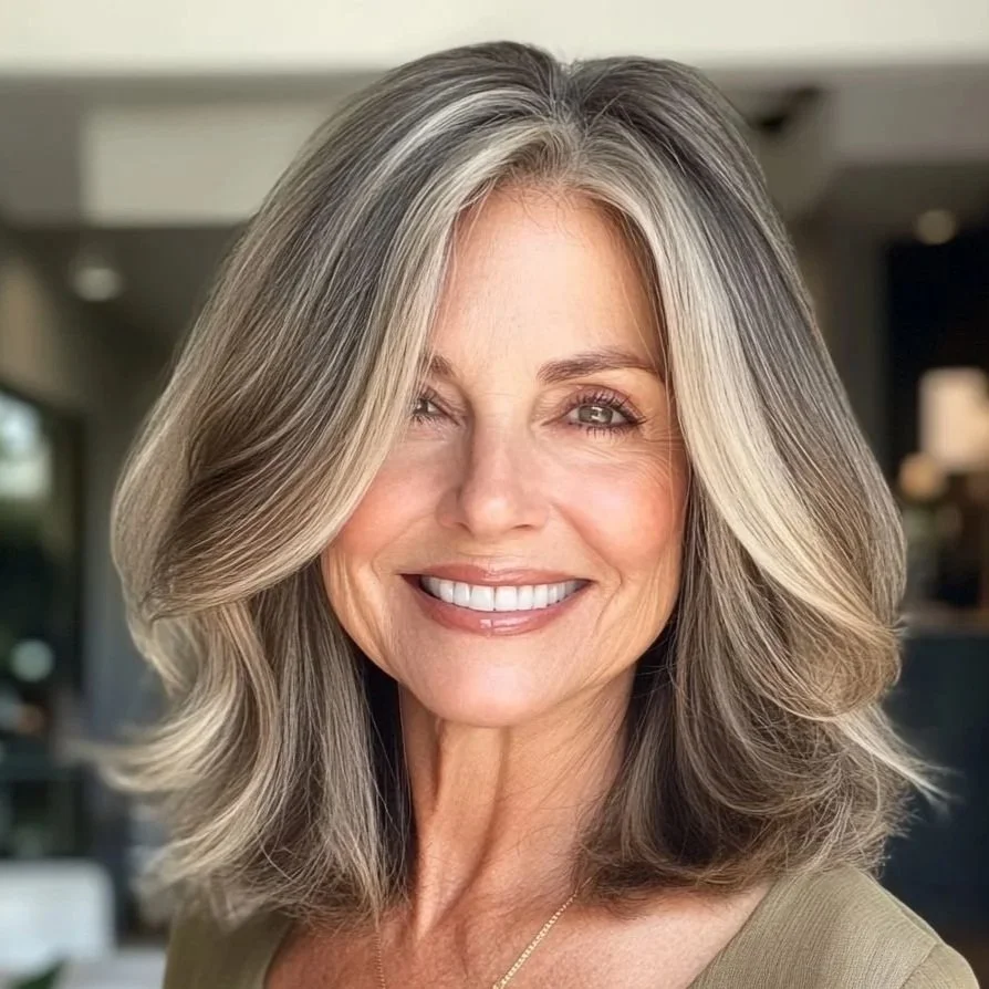 A smiling middle-aged woman with shoulder-length blonde and gray hair, wearing a green top, indoors with a blurred background.