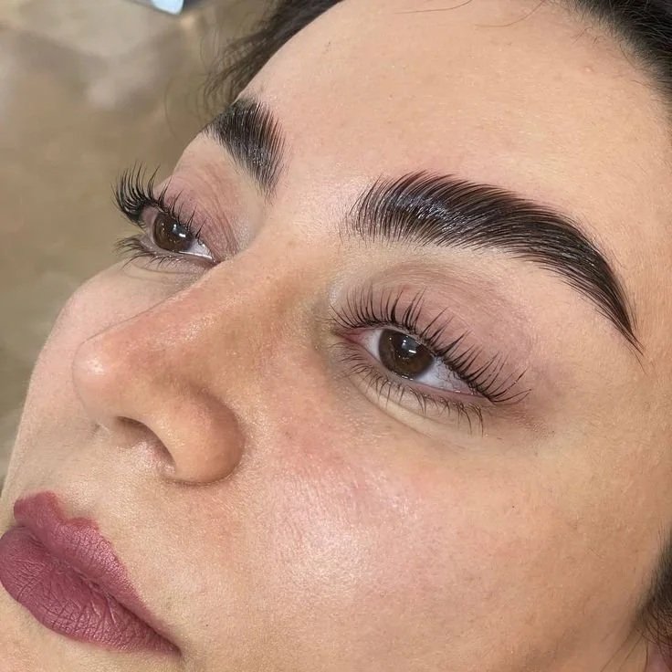 Close-up of a woman's face showing her eyebrows, eyes with long curled eyelashes, nose, and lips with matte lipstick.