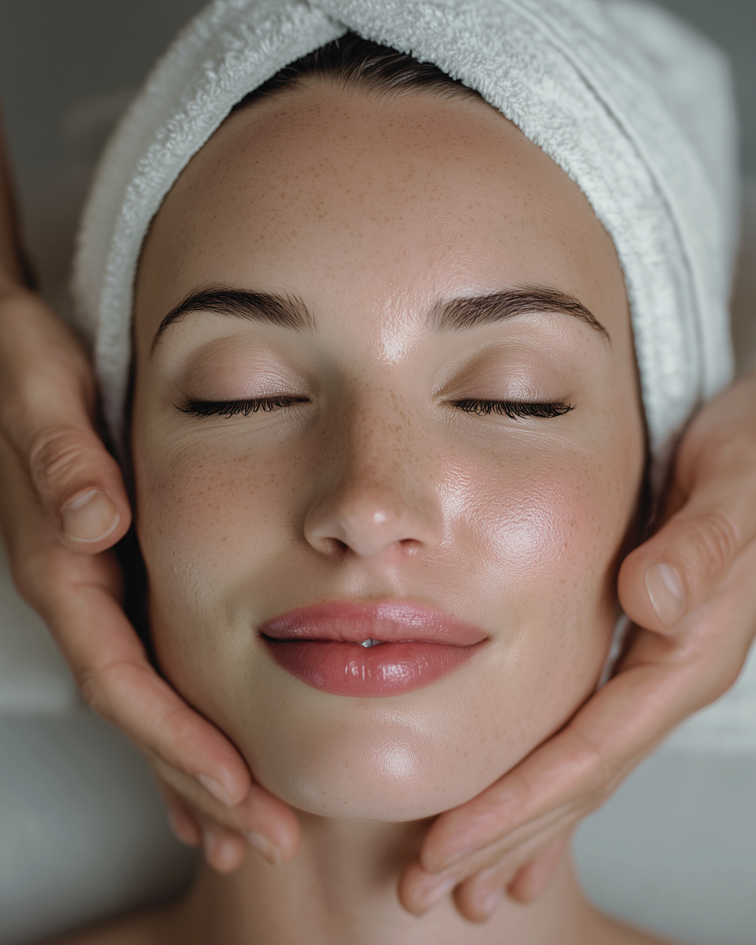 Close-up of a woman with closed eyes receiving a facial massage, wearing a towel wrapped around her head.