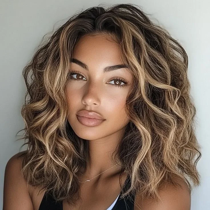 A woman with voluminous, curly hair featuring light brown and blonde highlights poses for a photo.
