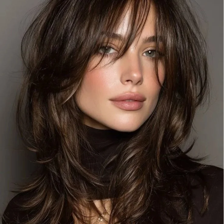 A woman with long, wavy brown hair and light makeup, looking at the camera with a neutral expression.