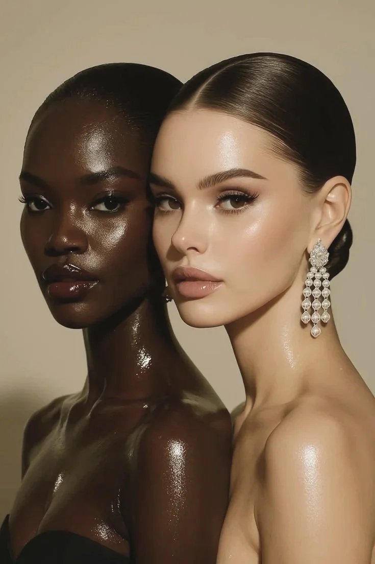 Two women with elegant makeup and jewelry, close together for a portrait.