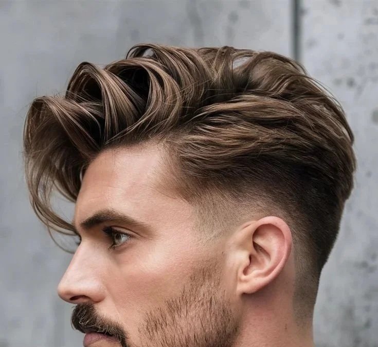 Side profile of a man with a modern hairstyle featuring longer, wavy hair on top and a fade on the sides.