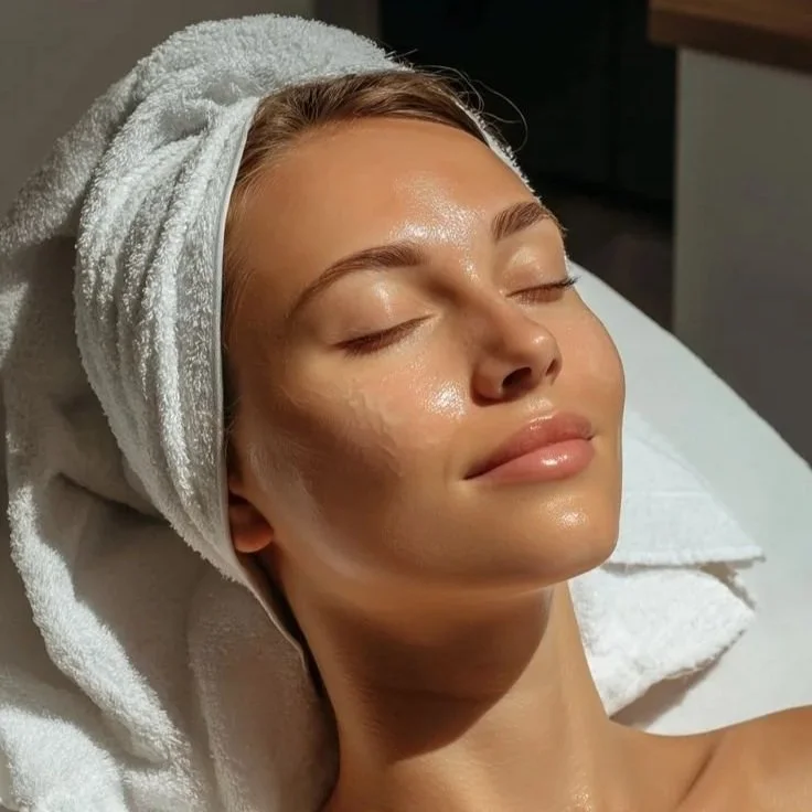 A woman with a towel wrapped around her head lying on a massage or spa table with eyes closed, appearing relaxed and content.