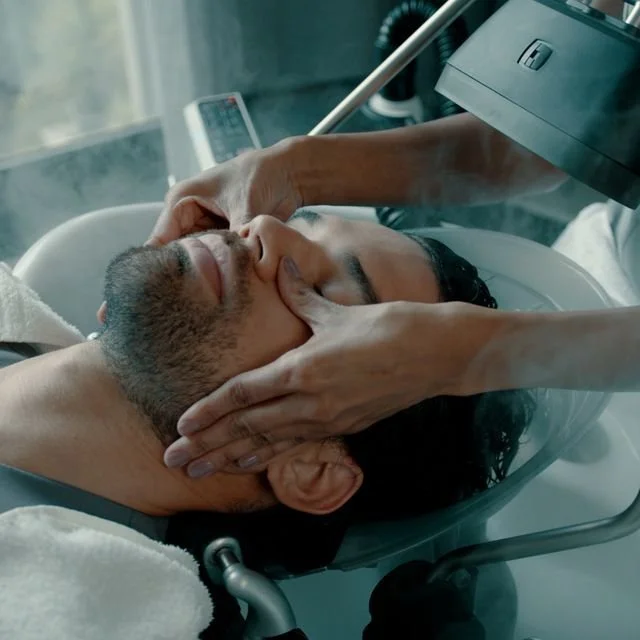 Person receiving a facial treatment at a spa or clinic, lying back with eyes closed, while a practitioner gently applies a mask or treatment to their face.