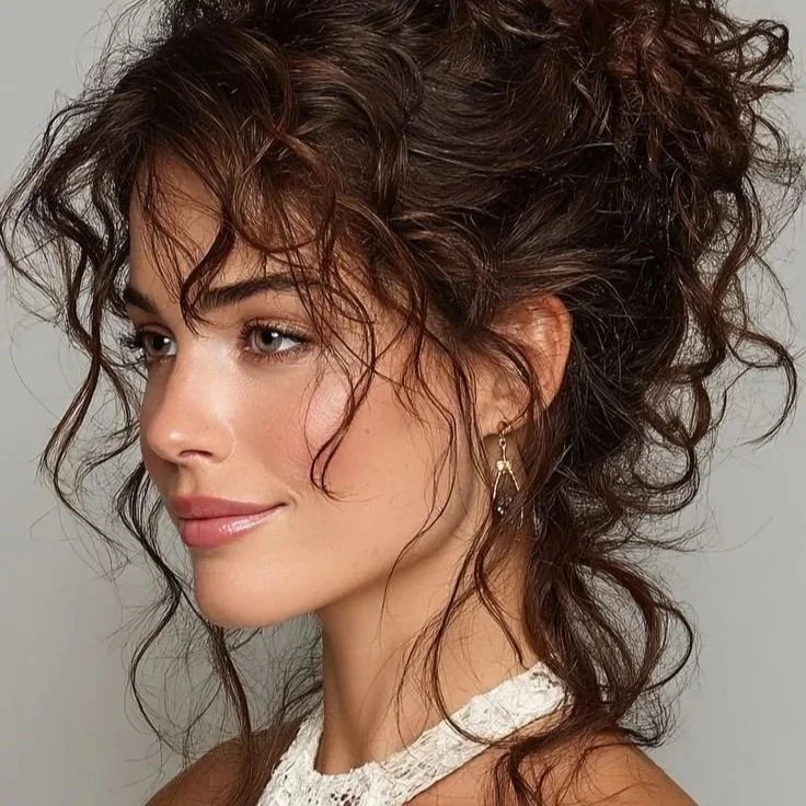 A woman with curly, voluminous hair, wearing small hoop earrings and a white lace top, looking to the side with a subtle smile.