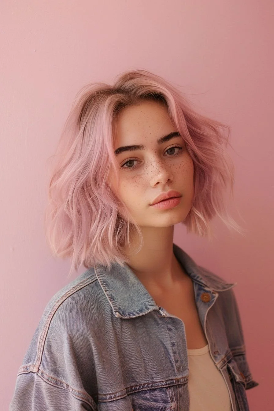 A young woman with wavy pink hair and freckles, wearing a denim jacket and white top, standing against a pink background.
