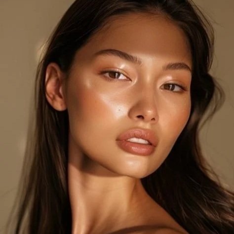 Close-up of a young woman with long dark hair and sun-kissed skin, looking directly at the camera.