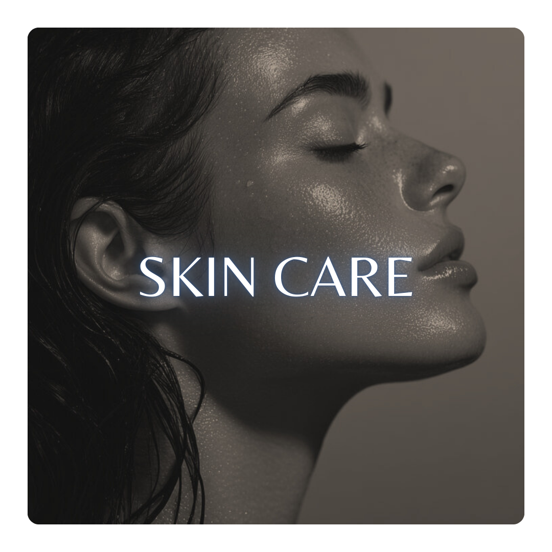 Close-up side profile of a woman with wet, glistening skin, eyes closed, and the words 'Skin Care' overlaid.