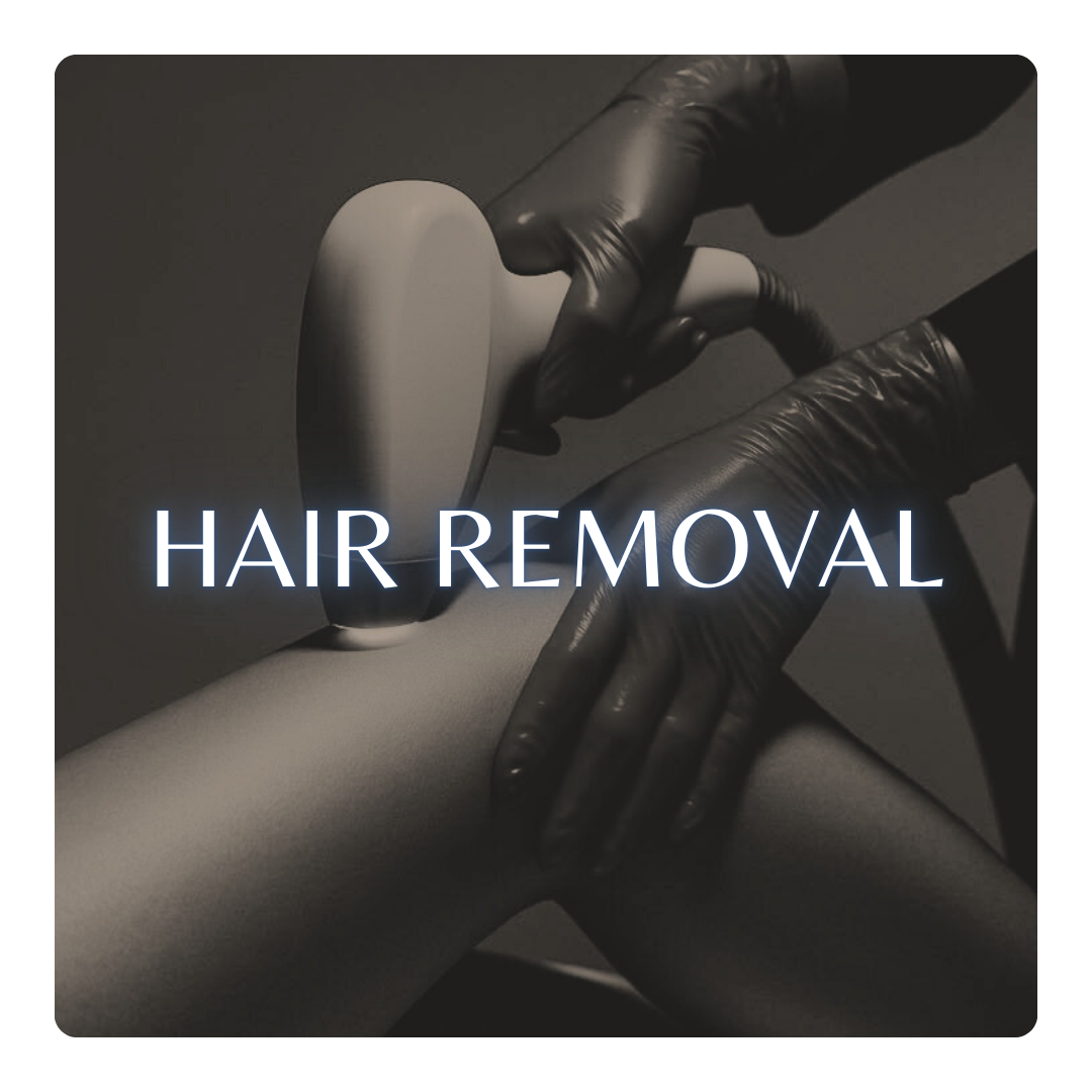 Black and white image of a person with gloved hands performing a hair removal procedure using a handheld device on someone's leg, with the text 'HAIR REMOVAL' overlaid.