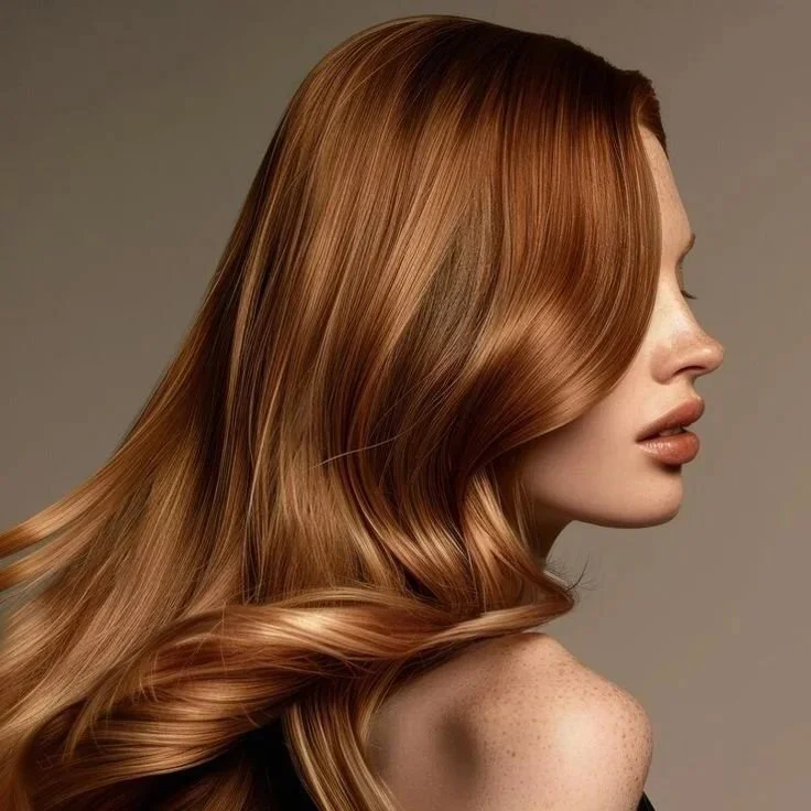 Side profile of a woman with long, wavy red hair and freckles.