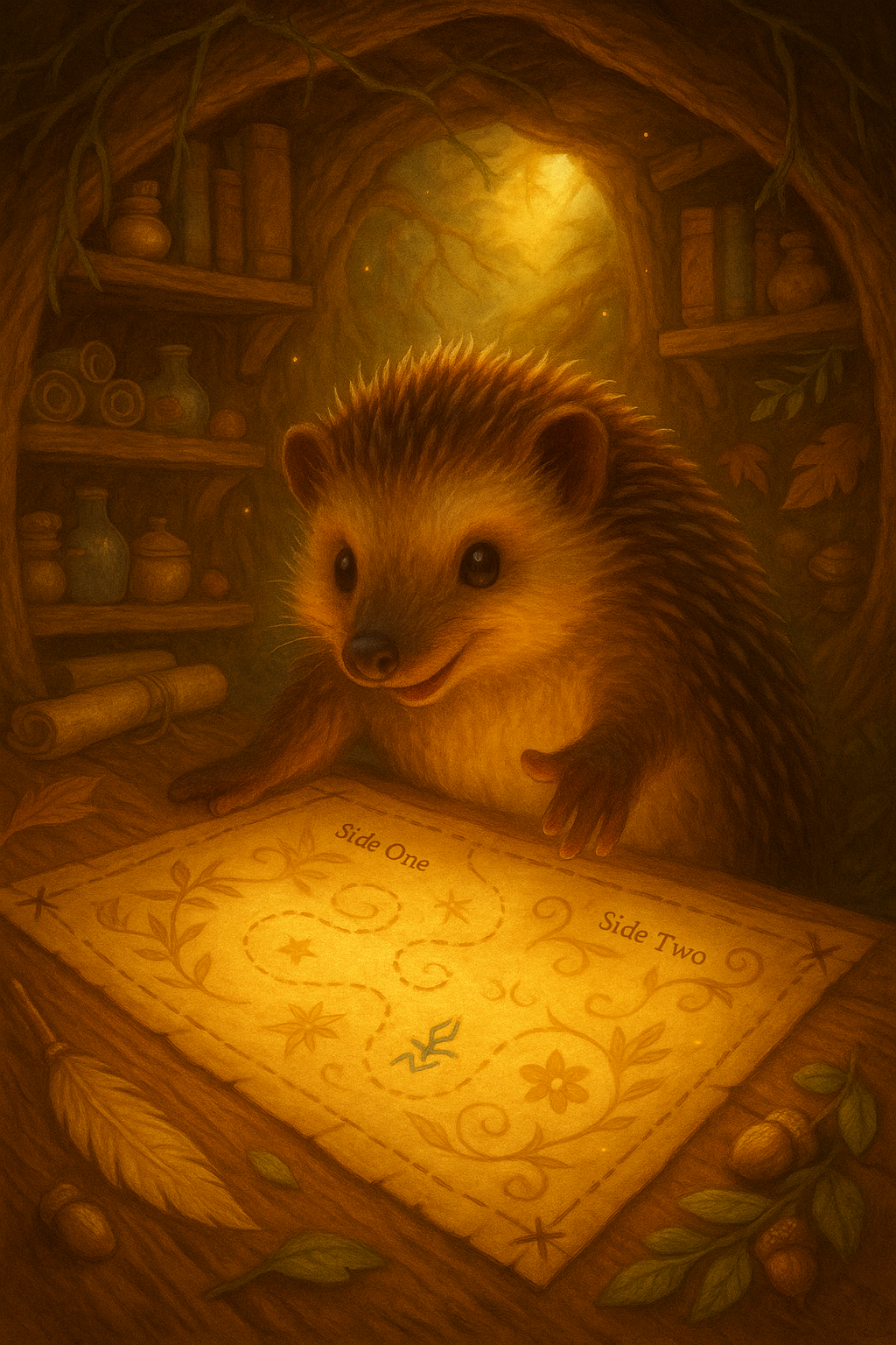 A cute illustration of a hedgehog sitting at a table with an open book, in a cozy, wood-themed room with shelves of jars and bottles, illuminated by warm, golden light.