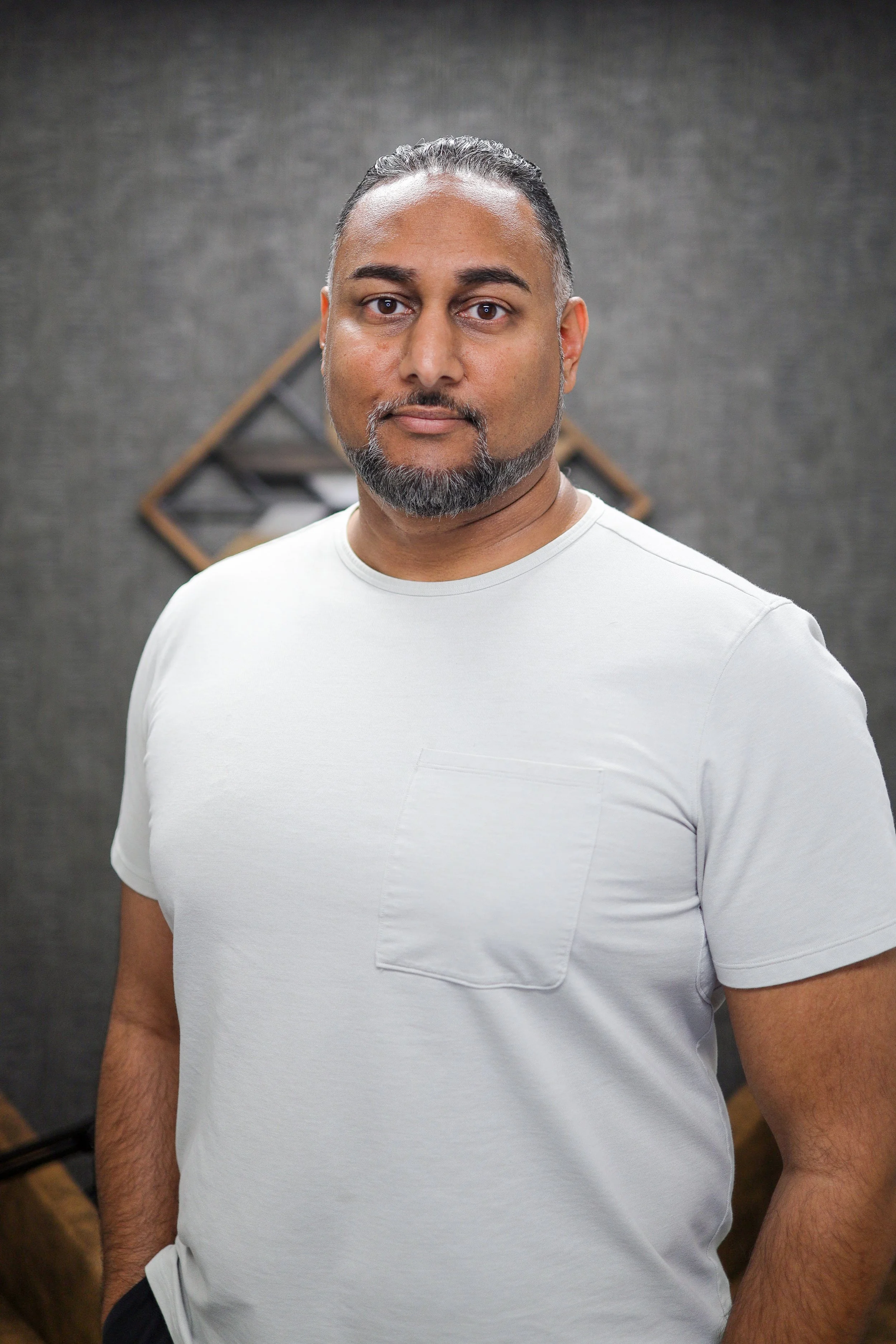 A man with a beard and mustache wearing a light-colored t-shirt, standing in front of a textured dark gray wall with a decorative wooden frame hanging behind him.