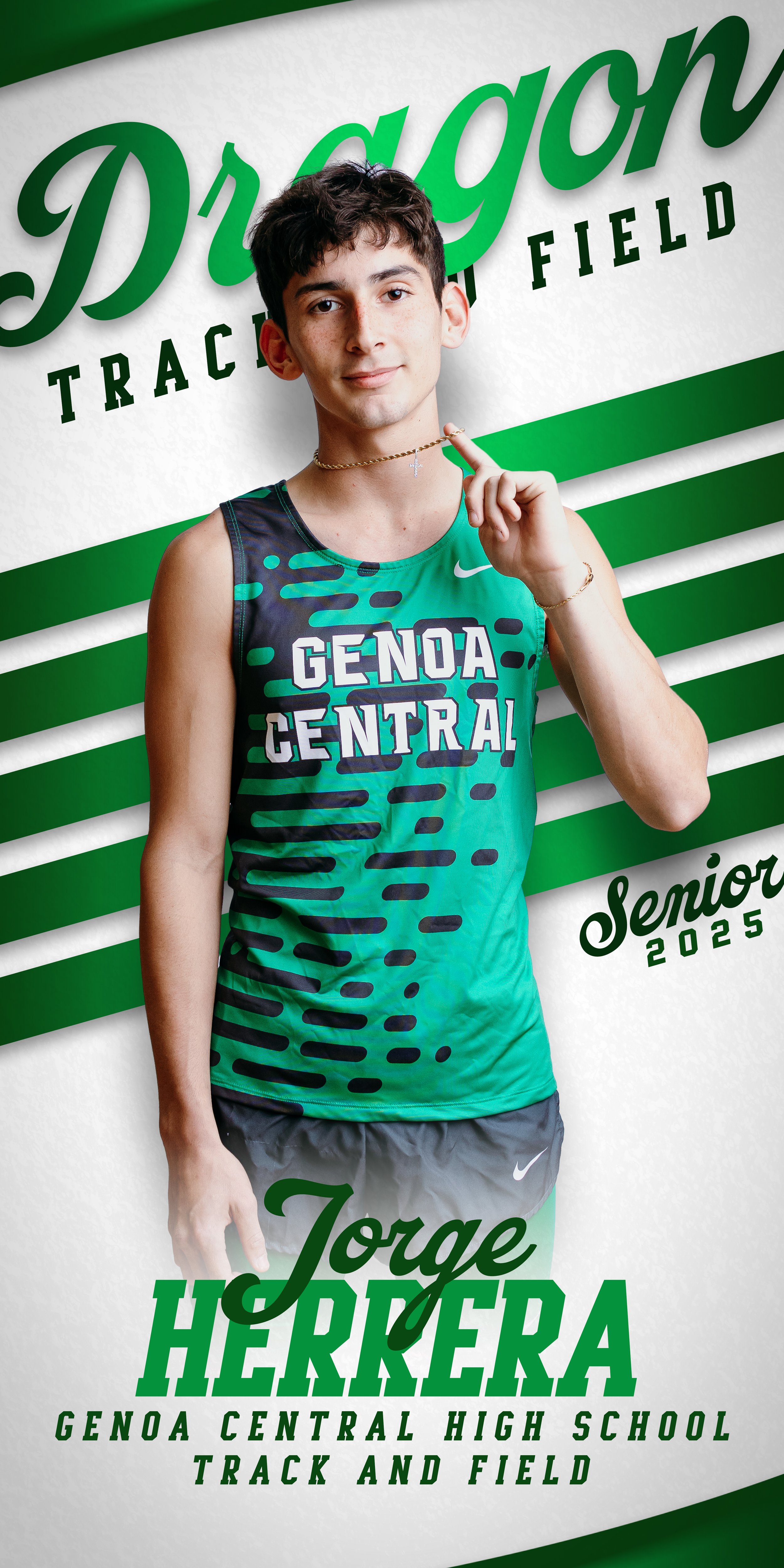 Track and field banner design with a male athlete captured mid-pose, layered over a dynamic digital background with motion graphics and bold team colors