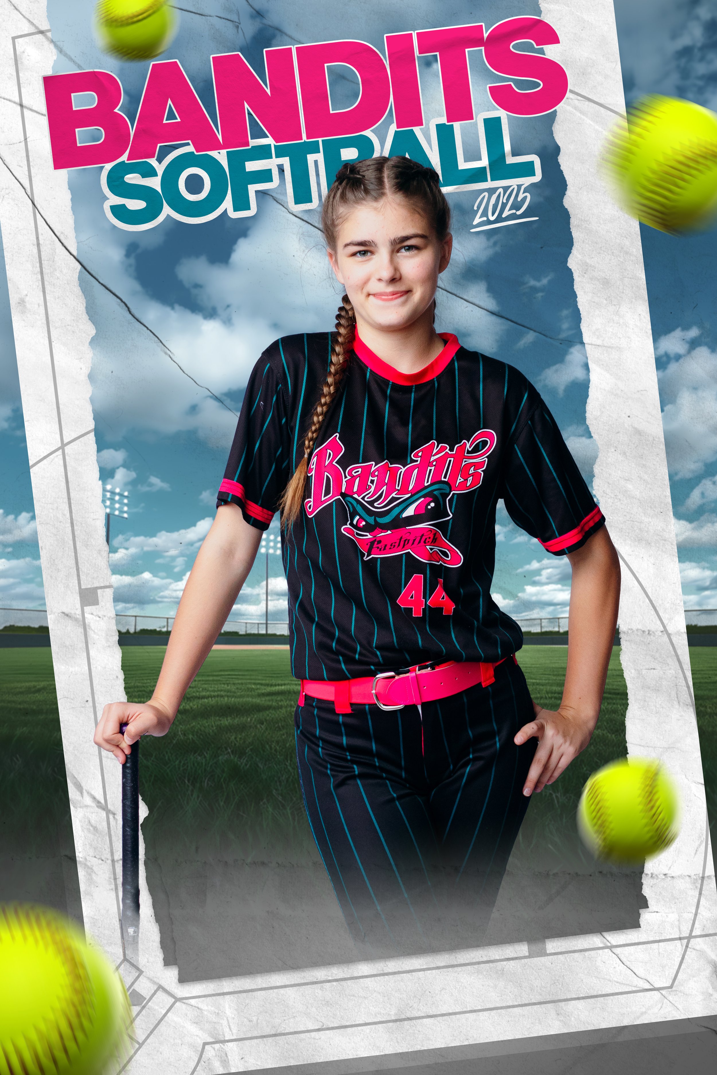 Youth sports banner featuring a 12U female softball player with a stylized background, custom team elements, and professional lighting effects