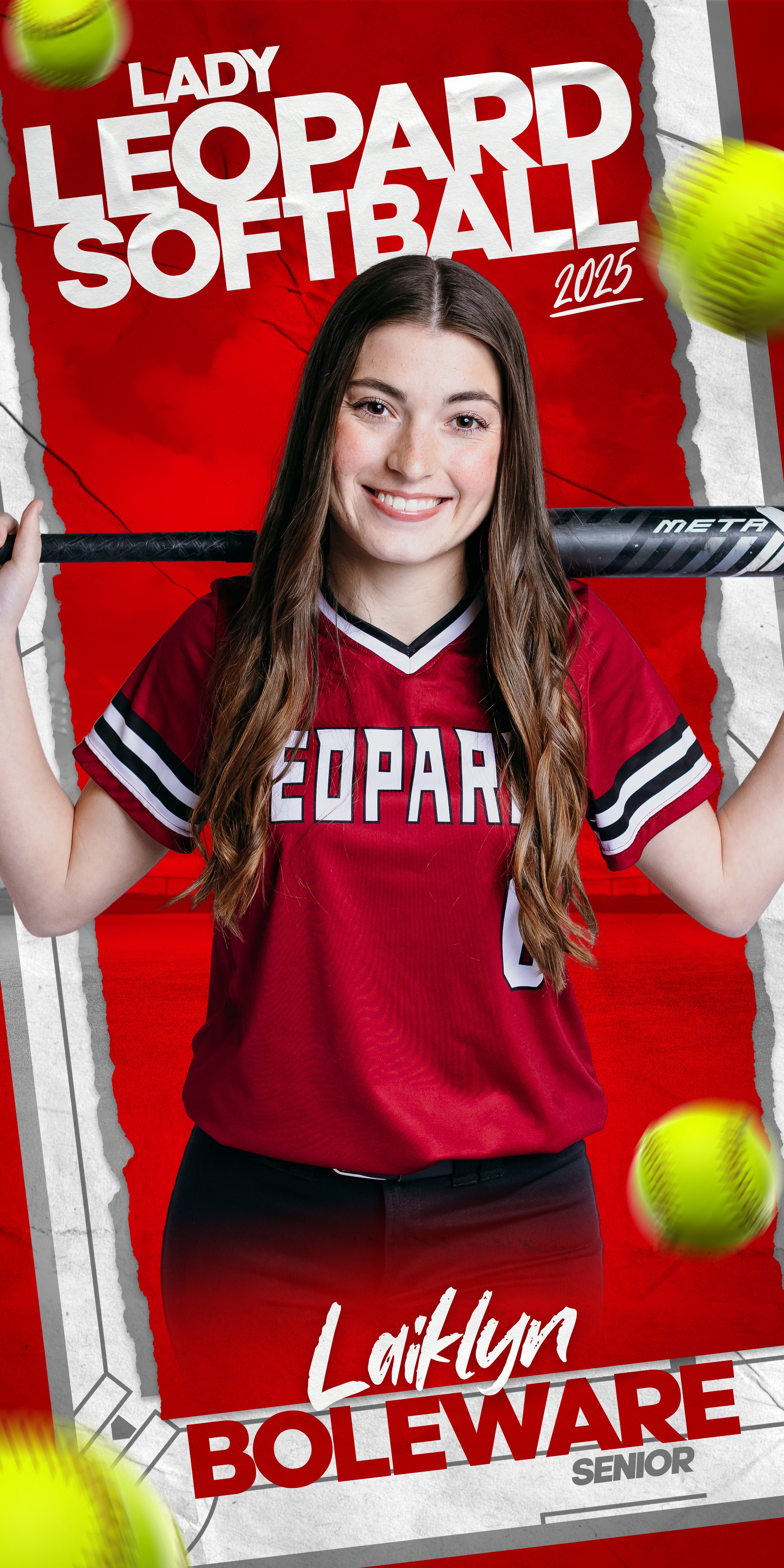 Composited sports banner featuring a female high school softball player in uniform with dramatic lighting, custom graphics, and a bold team-themed background