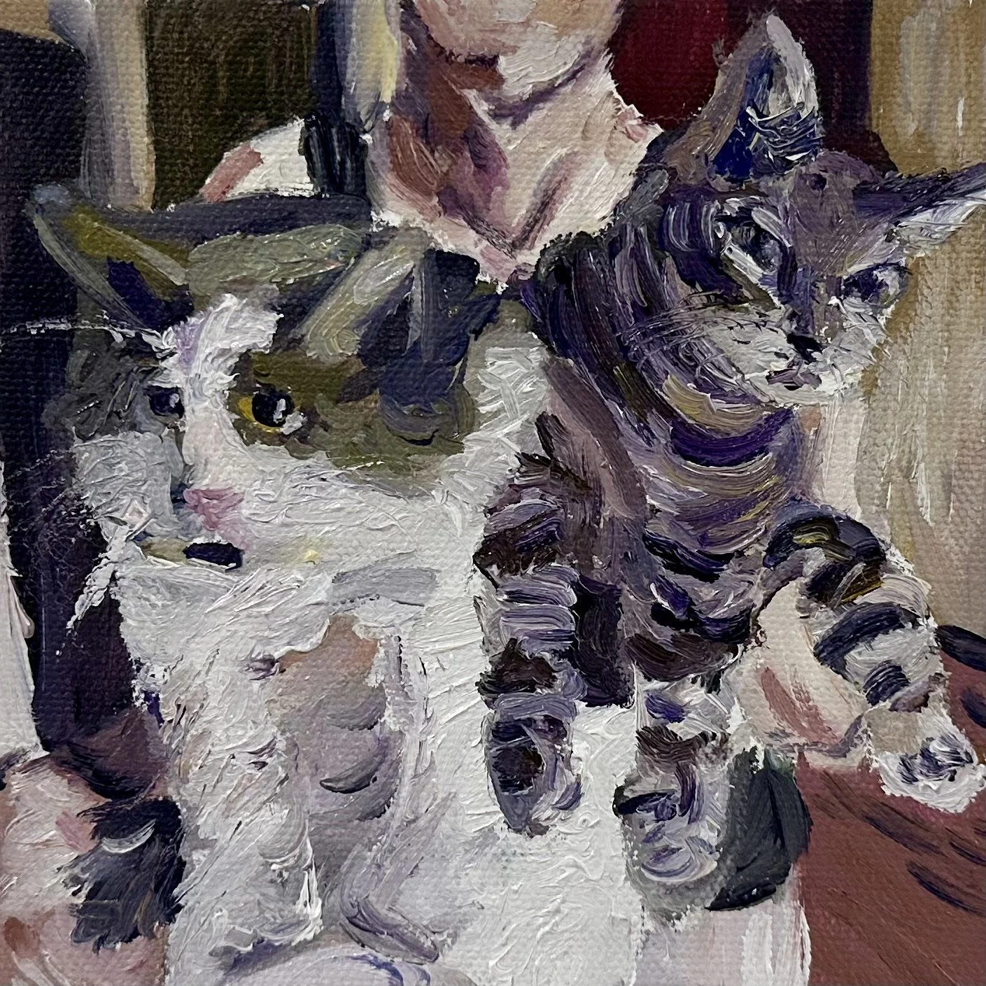 “Smudge and Loki in Deanna's Arms” 6x6 inches, oil on stretched canvas.