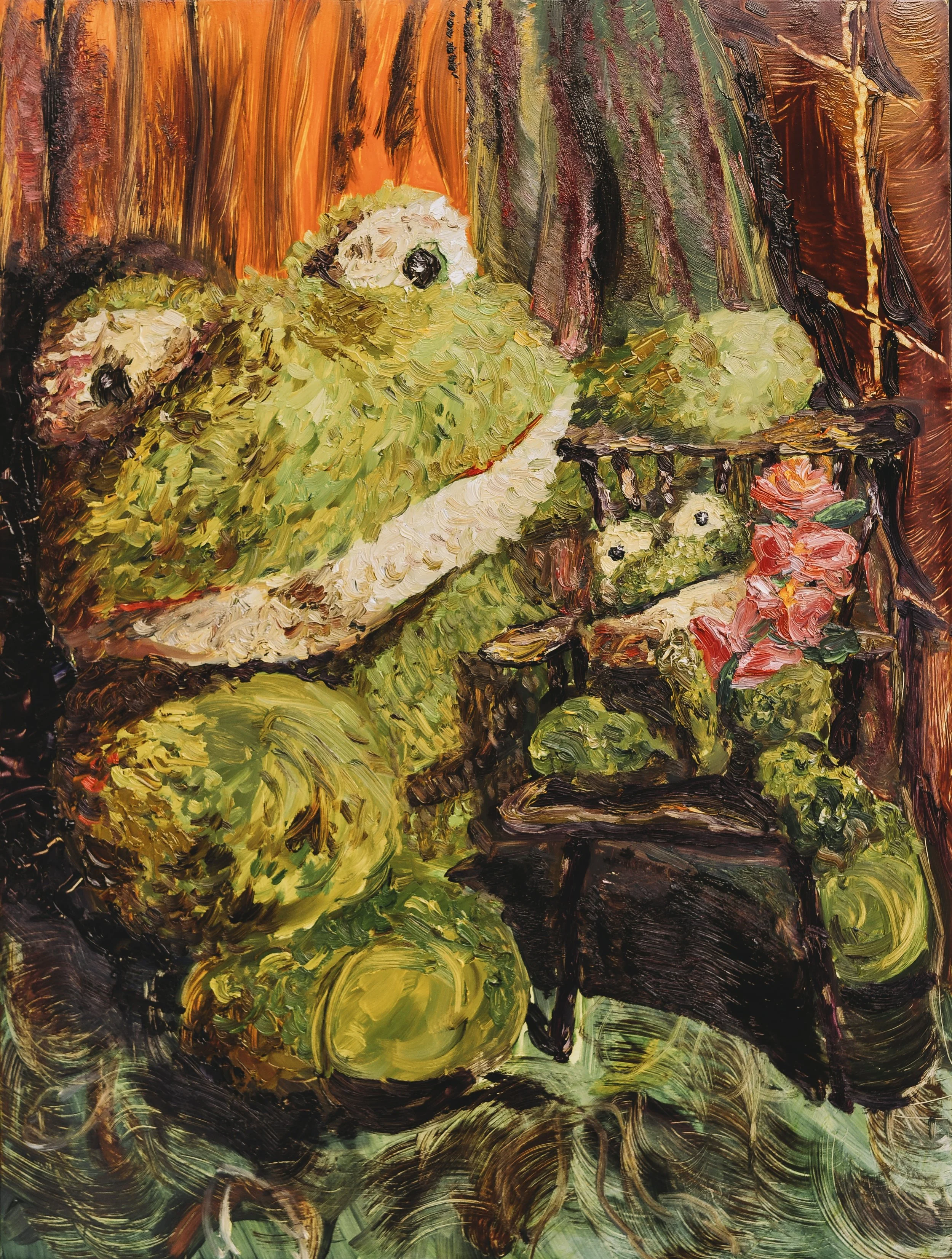 "Squishy and His Friend" 12x16 inches, oil on wood panel. 2026.