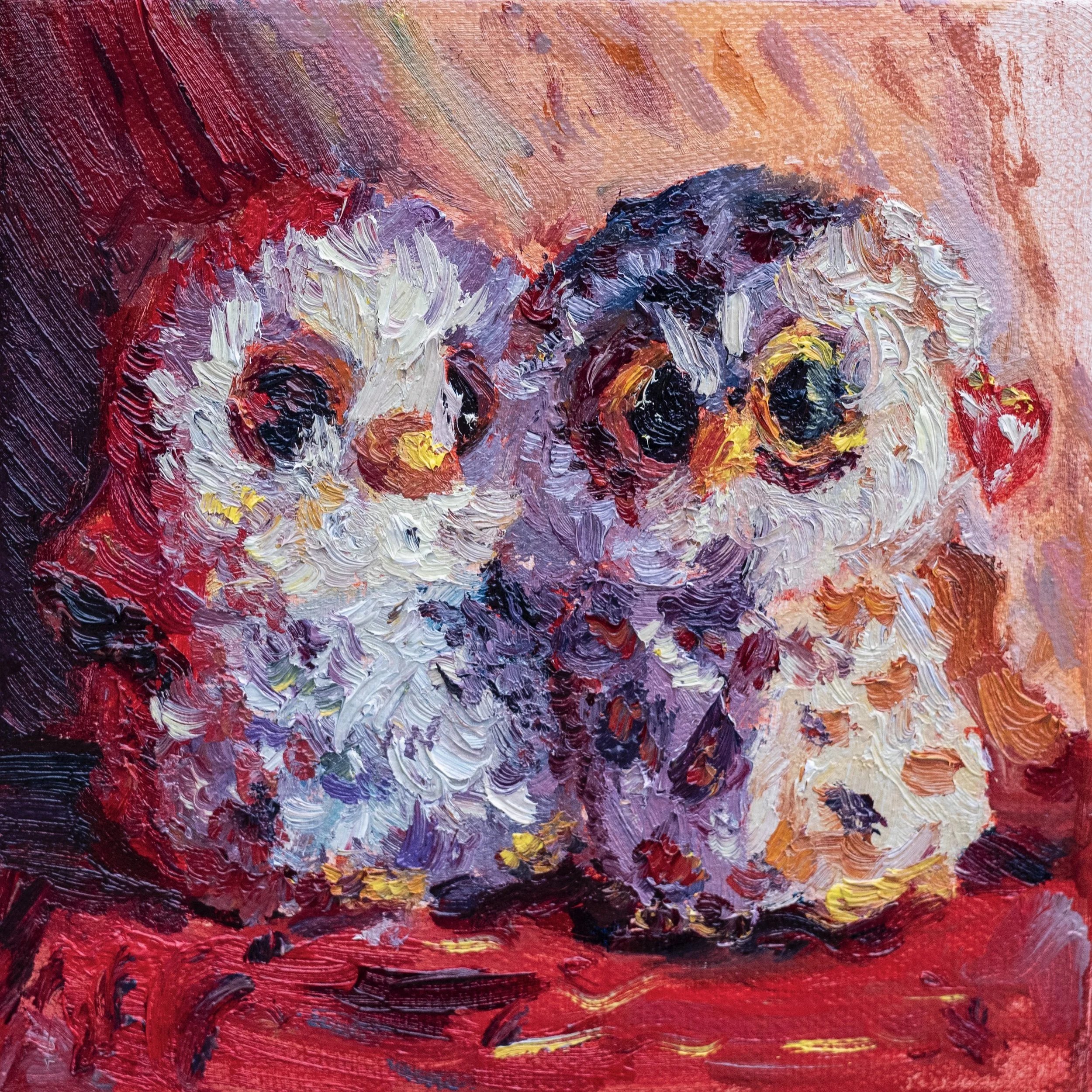 "Owl Companions” 6x6 inches, oil on stretched canvas